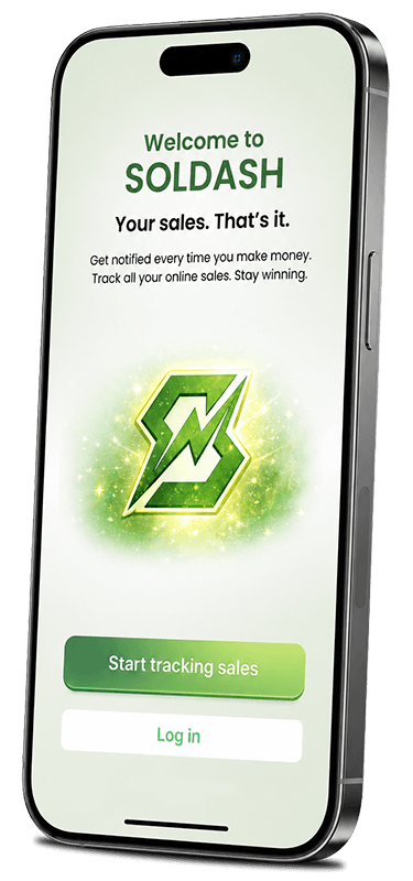 SOLDASH app on iPhone: welcome screen with logo, start tracking sales, and log in
